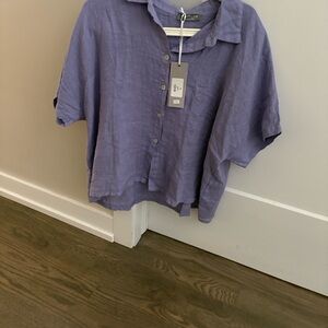 Pistache women’s linen blouse. Lavender button up slightly cropped style.